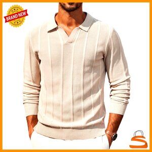 Men's Knit Long Sleeve Polo Sweater V-Neck Textured Pullover Casual Classic